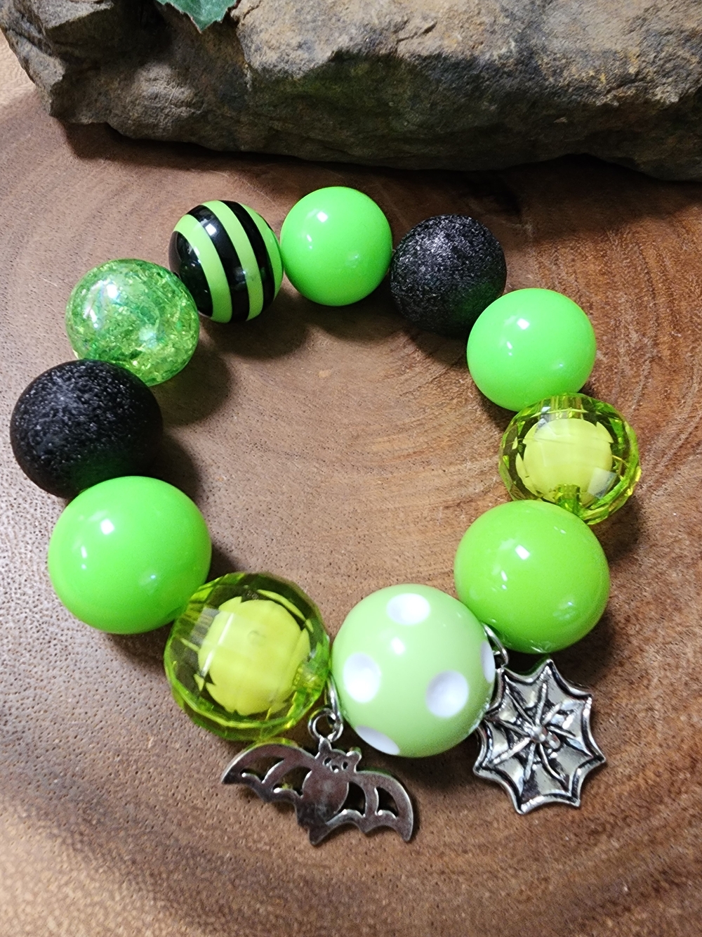 Hand Crafted Neon Green Beaded Bracelet with Bat & Spiderweb Charms